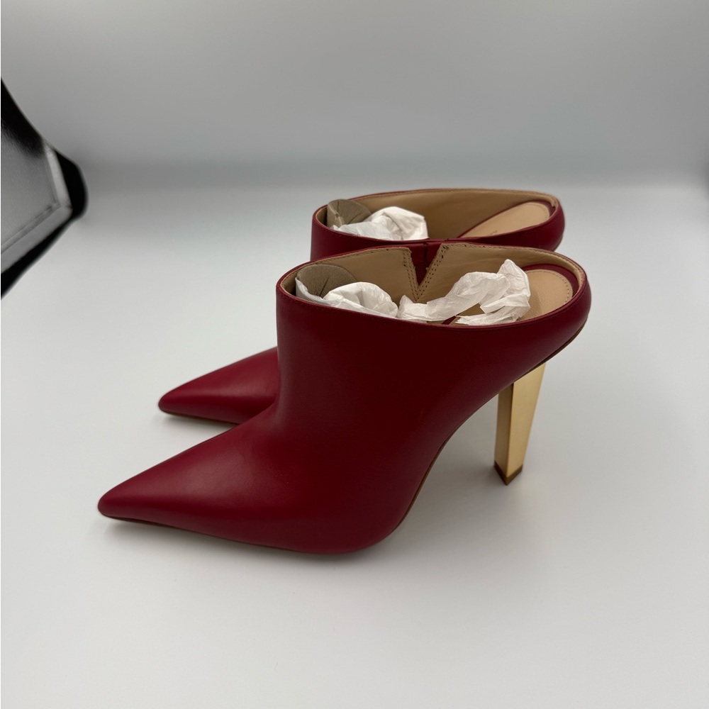 Michael Kors Halle Mule Pumps – Deep Red Leather with Gold Heel (Size 6M)